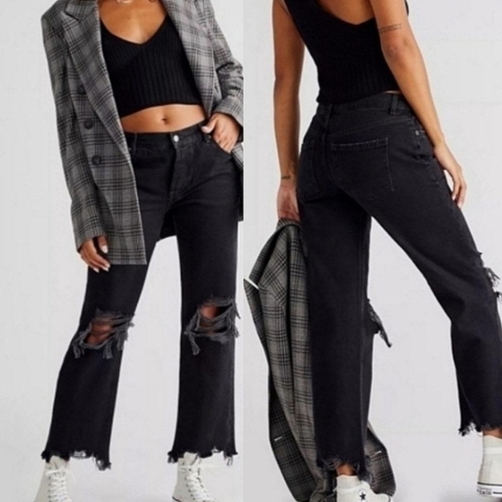 Free People Maggie Mid Rise Distressed Black Women Jeans Size 27 NEW